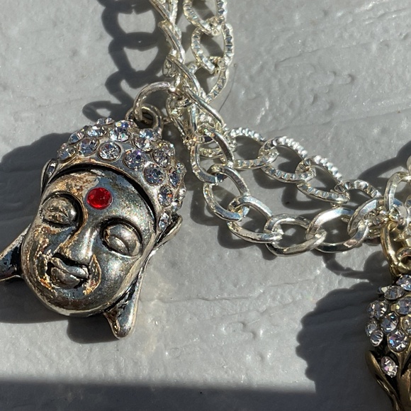 Buddha necklace earrings bracelet set new silvertone goldtone red crystal - Picture 11 of 11